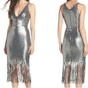 Dress the Population Women’s Elegant Silver Fringe Dress Size L